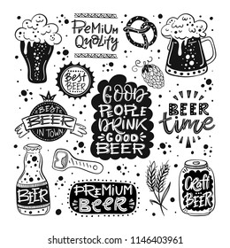 Vector collection of beer related doodle illustrations. Clipart for Octoberfest or brewery label.