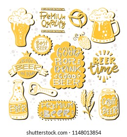 Vector collection of beer related doodle illustrations. Clipart for Octoberfest or brewery label.