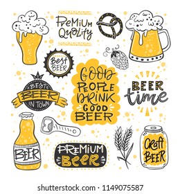 Vector collection of beer related doodle illustrations. Clipart for Octoberfest or brewery label.