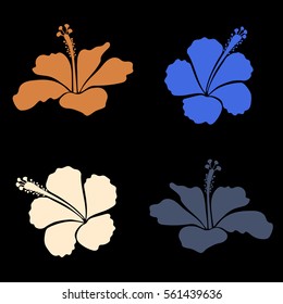 Vector collection of beige, blue and orange hibiscus flowers. Set with beige, blue and orange flowers. Vector illustration.