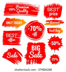 vector collection of big sale, discount, best price, best buy banner, premium quality, set of hand drawn isolated labels in grunge style