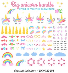 Vector collection - Big unicorn bundle. Create your own unicorn. Unicorn constructor - horhs, eyelashes, ears, hairstyles, flowers, crowns, glasses, bows, raibow, clouds and circle monograms