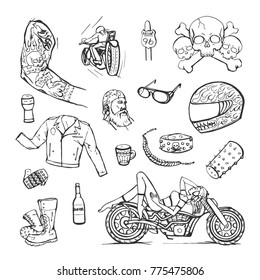 Vector collection of bikers, biker style attributes. Sketches on a white background.