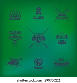 Vector collection of billiard logo. Poolroom icons set with cues, balls, ribbons, laurel wreath, stars. Sport label design, competition banner template.