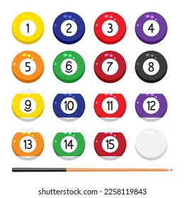 vector collection of billiard pool or snooker balls with numbers and cue isolated on white background