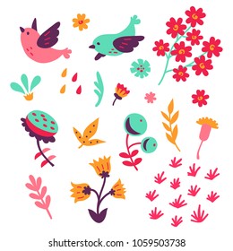 Vector collection of bird and bloom elements