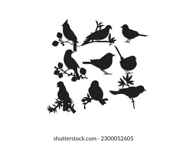 Vector Collection of Bird Silhouettes .Big vector set with birds in cartoon style. Vector collection with birds in children's style on a white background.. Vector silhouettes: a flock of birds, crows.