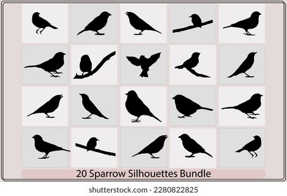 Vector Collection of Bird Silhouettes,sparrow vector silhouette,Vector silhouettes of birds, hand drawn songbirds,Icon set of Sparrow bird