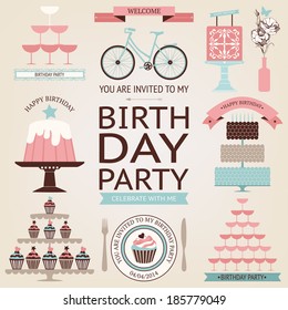 Vector collection of birthday celebration icons in vintage colors with decorative elements.