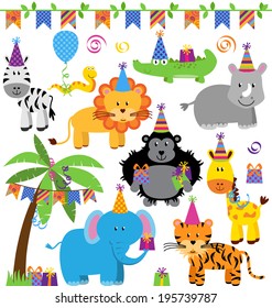 Vector Collection of Birthday Party Themed Jungle, Zoo or Safari Animals