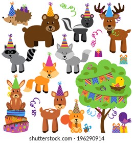 Vector Collection of Birthday Party Themed Forest or Woodland Animals