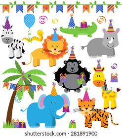 Vector Collection Of Birthday Party Themed Jungle, Zoo Or Safari Animals