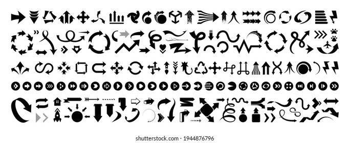 Vector collection of black arrows. Big set of pointers, signs, cursors, navigations and interface elements in classic style.