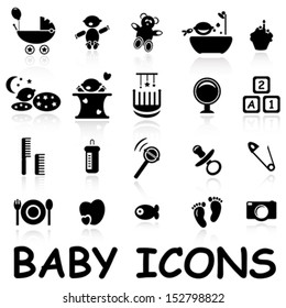 vector collection  of black baby silhouettes, icons with reflection on white background