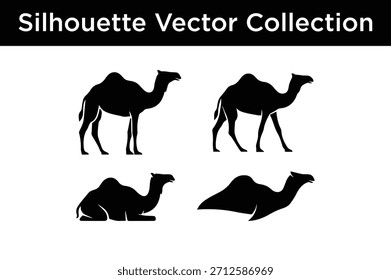 Coleção vetorial de silhuetas de camelo preto em várias poses, ideal para o deserto, viagens e desenhos com temas animais.