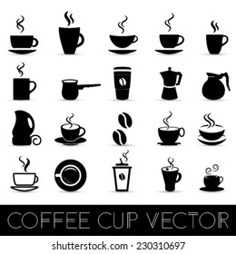 vector collection of black coffee cups (mugs) on a white background