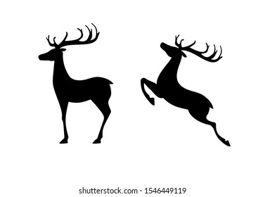 Vector collection of black deer silhouettes. Standing and jumping deer on white background