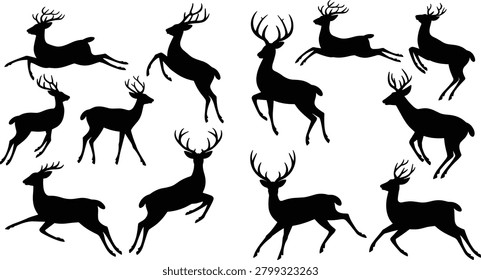 Vector collection of black deer silhouettes featuring stags with antlers in jumping leaping and running poses isolated on white background.