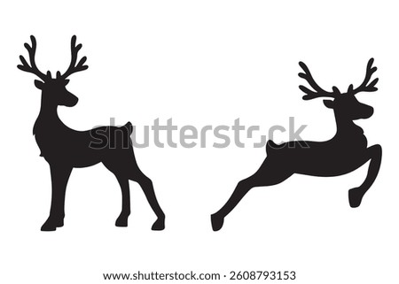 Vector Collection of Black Deer Silhouettes Standing Jumping Deer on White Background