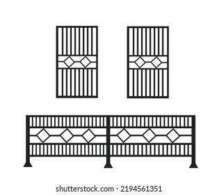 Vector collection of black fences containing fences for houses and for windows isolated on a white background.