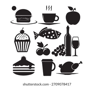Vector colección de siluetas de comida negra y bebida. Los iconos incluyen hamburguesa, café, vino, pescado, pollo, fruta y pastel. Perfecto para menús de restaurantes y Diseño gráfico.