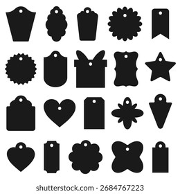 Coleção vetorial de silhuetas de marca de presente preto em várias formas. Perfeito para etiqueta, adesivo e design decorativo.