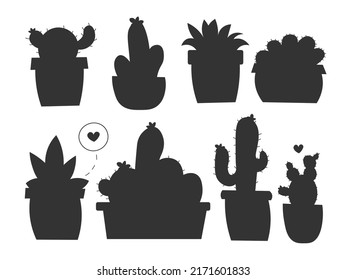 Vector collection of black hand drawn cactus sketch in pot collection isolated on white background. Flat cactus icon set. Nature elements illustration. EPS