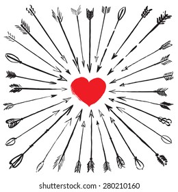 Vector collection black hand-drawn arrows and heart