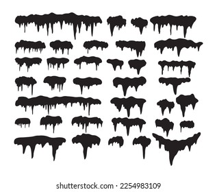 vector collection of black icicles and snow isolated on white background. frozen icicle border for winter holiday illustrations, christmas and new year cards
