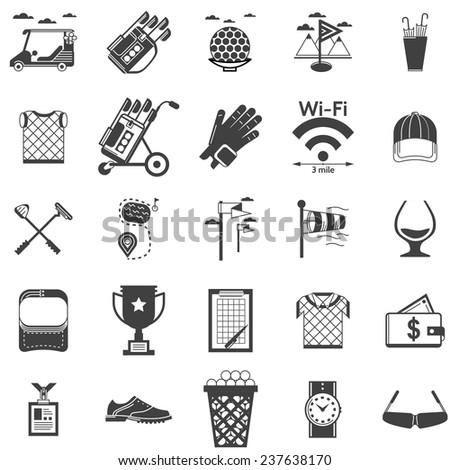 Vector collection of black icons for golf. Black silhouette vector icons set for golf on white background.