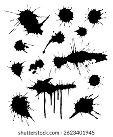 Vector collection of black ink blots and splatters isolated on white background
