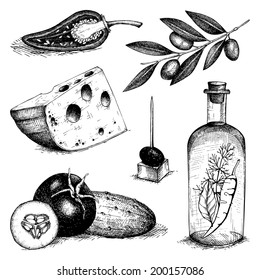 Vector collection of black  ink hand drawn food - olive oil, cheese, vegetables. Vintage healthy food illustration. Decorative  engraved  food isolated on white.