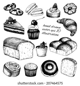 Vector collection of black ink hand drawn breads and pastries illustration isolated on white background for restaurant or bakery menu.  Vintage bakery illustration.