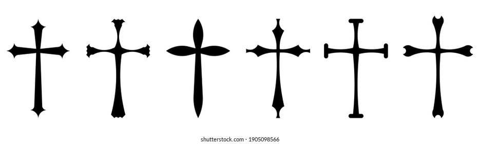 Vector collection of black ink or paint religion or faith cross symbol set isolated on white background. Abstract christian religious belief or faith art illustration for orthodox or catholic design