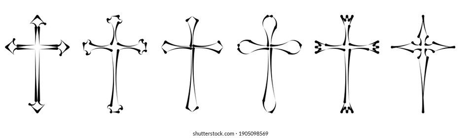 Vector collection of black ink or paint religion or faith cross symbol set isolated on white background. Abstract christian religious belief or faith art illustration for orthodox or catholic design