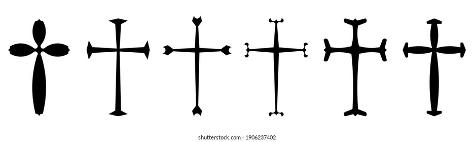 Vector collection of black ink or paint religion or faith cross symbol set isolated on white background. Abstract christian religious belief or faith art illustration for orthodox or catholic design