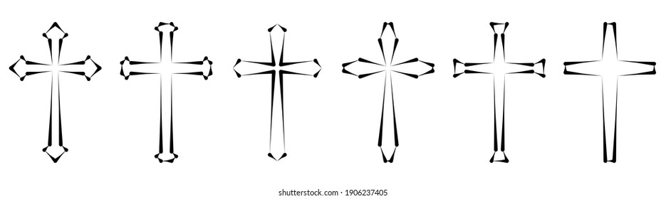 Vector collection of black ink or paint religion or faith cross symbol set isolated on white background. Abstract christian religious belief or faith art illustration for orthodox or catholic design