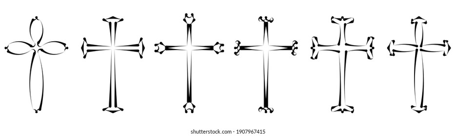 Vector collection of black ink or paint religion or faith cross symbol set isolated on white background. Abstract christian religious belief or faith art illustration for orthodox or catholic design
