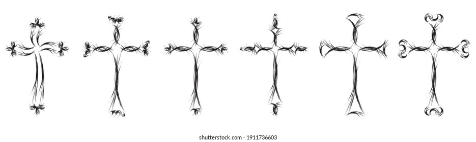 Vector collection of black ink or paint religion or faith cross symbol set isolated on white background. Abstract christian religious belief or faith art illustration for orthodox or catholic design