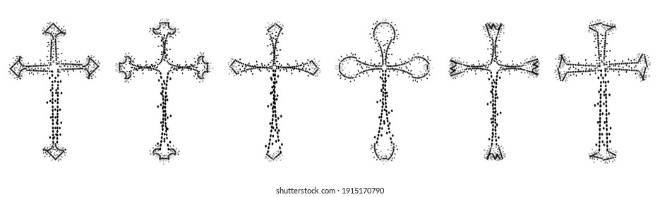 Vector collection of black ink or paint religion or faith cross symbol set isolated on white background. Abstract christian religious belief or faith art illustration for orthodox or catholic design