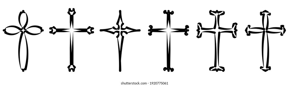 Vector collection of black ink or paint religion or faith cross symbol set isolated on white background. Abstract christian religious belief or faith art illustration for orthodox or catholic design
