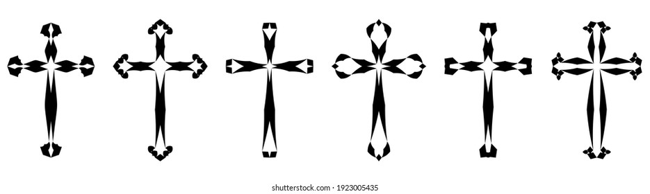 Colección vectorial de tinta negra o pintura religión o símbolo cruzado de fe aislado en fondo blanco. Resumen de creencia religiosa cristiana o ilustración artística religiosa para diseño ortodoxo o católico