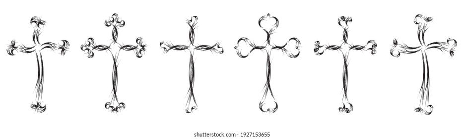 Vector collection of black ink or paint religion or faith cross symbol set isolated on white background. Abstract christian religious belief or faith art illustration for orthodox or catholic design