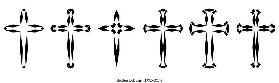 Colección vectorial de tinta negra o pintura religión o símbolo cruzado de fe aislado en fondo blanco. Resumen de creencia religiosa cristiana o ilustración artística religiosa para diseño ortodoxo o católico