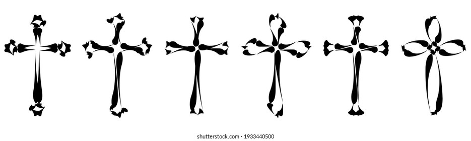 Vector collection of black ink or paint religion or faith cross symbol set isolated on white background. Abstract christian religious belief or faith art illustration for orthodox or catholic design