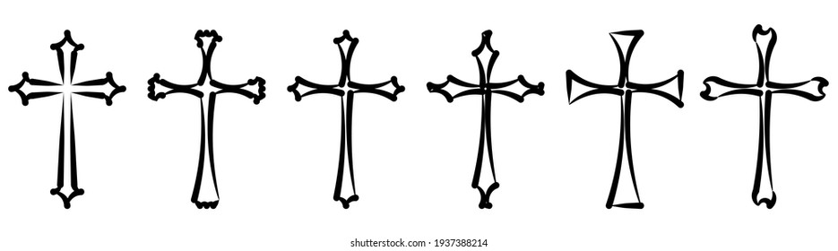 Vector collection of black ink or paint religion or faith cross symbol set isolated on white background. Abstract christian religious belief or faith art illustration for orthodox or catholic design