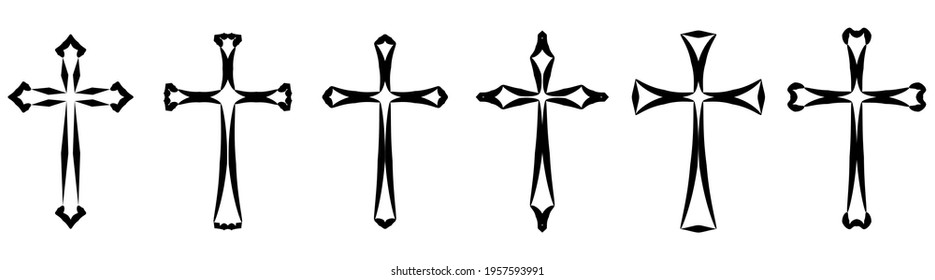 Vector collection of black ink or paint religion or faith cross symbol set isolated on white background. Abstract christian religious belief or faith art illustration for orthodox or catholic design