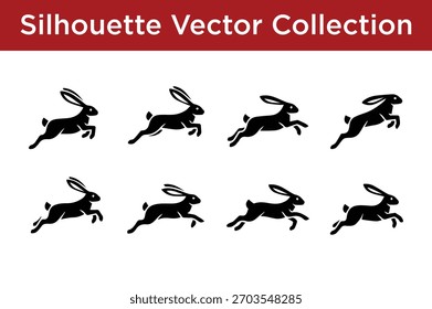 Vector colección de siluetas de conejo saltando negro en varias poses dinámicas, ideal para proyectos de diseño e ilustraciones.