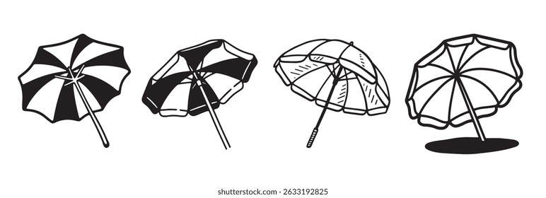 Vector Collection – Black Line Drawing of Beach Umbrella Open, Summer Object Clipart