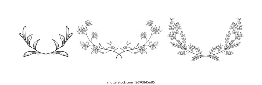 Vector Collection of Black Line Laurels, Floral Elements and Banners.